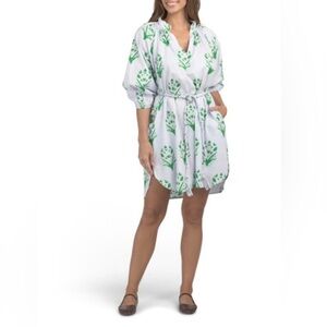 Caryn Lawn Pippi Mini Dress White Green Print Belted Puff Sleeve OS One Size